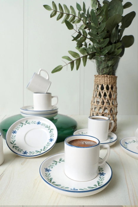 Hermia Juego de Tazas de Café de 12 Piezas - Azul, Verde y Blanco, Cerámica